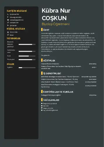 Biyoloji Öğretmeni CV Örnekleri cv indir